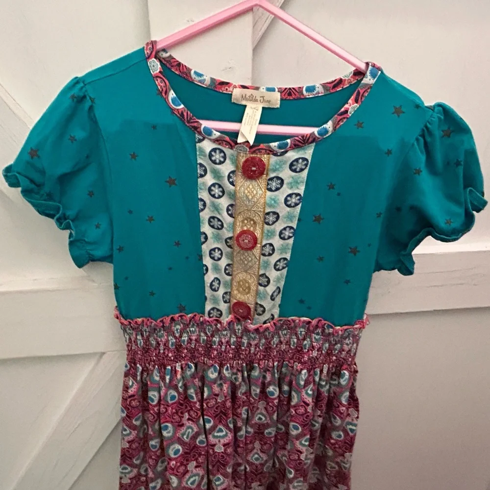 Matilda Jane Teal, Coral, & Yellow Smocked Sundress with Puff Cap Sleeves- Sz 8 - Picture 2 of 16